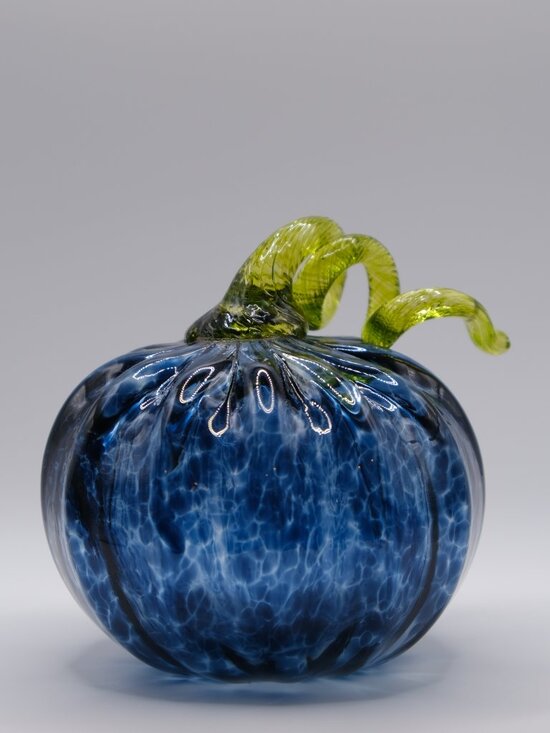 Hand Crafted Other - Hand-Blown Glass Pumpkin | Medium Size | Dark Blue Swirl with Green Stem